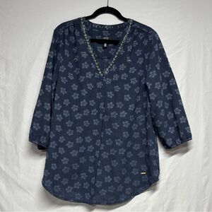 Jones New York Navy Floral Blouse with Embroidery & Beads